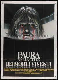 7y616 GATES OF HELL Italian 1p '83 Lucio Fulci, wild artwork of girl bleeding from her eyes!