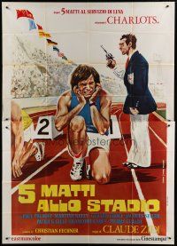 7y435 STADIUM NUTS Italian 2p '72 Ferrari art of runner plugging his ears at the starting line!