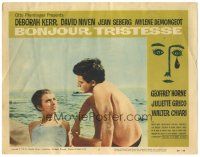 7z183 BONJOUR TRISTESSE LC #5 '58 c/u of Jean Seberg & Geoffrey Horne, great Saul Bass border art!