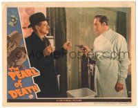 7z690 PEARL OF DEATH LC '44 Basil Rathbone as Sherlock Holmes holds Miles Mander at gunpoint!