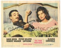 7z707 PINK PANTHER LC #6 '64 wacky close up of Peter Sellers playing violin for Capucine in bed!