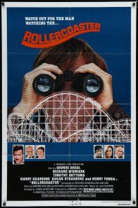 8e729 ROLLERCOASTER 1sh '77 George Segal, Richard Widmark, image of creepy stalker w/binoculars!