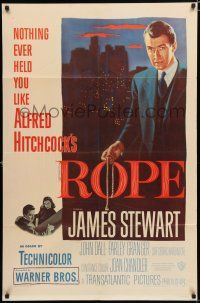 8e732 ROPE 1sh '48 great image of James Stewart holding the rope, Alfred Hitchcock classic!