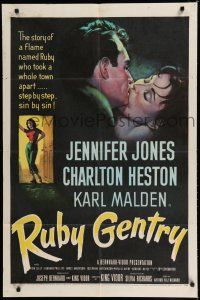 8e736 RUBY GENTRY 1sh '53 artwork of super sleazy bad girl Jennifer Jones standing in doorway!