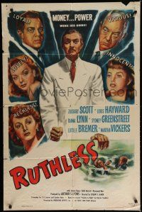 8e740 RUTHLESS 1sh '48 Edgar Ulmer, Sydney Greenstreet, bad girls Lynn, Bremer & Vickers!