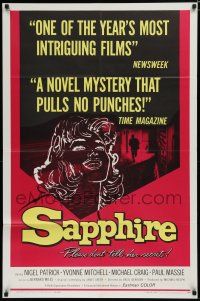 8e749 SAPPHIRE 1sh '59 murdered pregnant girl was passing for white, directed by Basil Dearden!