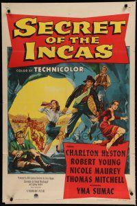 8e762 SECRET OF THE INCAS 1sh '54 art of Charlton Heston in South America, Robert Young!