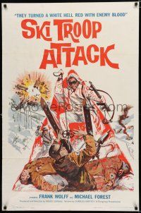 8e785 SKI TROOP ATTACK 1sh '60 Roger Corman, really wild World War II skier art!