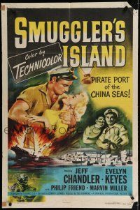 8e796 SMUGGLER'S ISLAND 1sh '51 artwork of manly Jeff Chandler & sexy Evelyn Keyes!