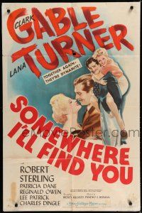 8e802 SOMEWHERE I'LL FIND YOU style C 1sh '42 wonderful romantic art of Clark Gable & Lana Turner!