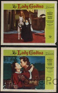 8f810 LADY GODIVA 3 LCs '55 w/ super sexy naked Maureen O'Hara on horseback, w/ George Nader!