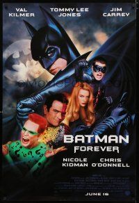 8j089 BATMAN FOREVER advance 1sh '95 Val Kilmer, Tommy Lee Jones, Jim Carrey, O'Donnell!