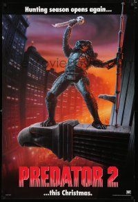 8j599 PREDATOR 2 teaser 1sh '90 great full-length artwork of alien hunter in L.A.!