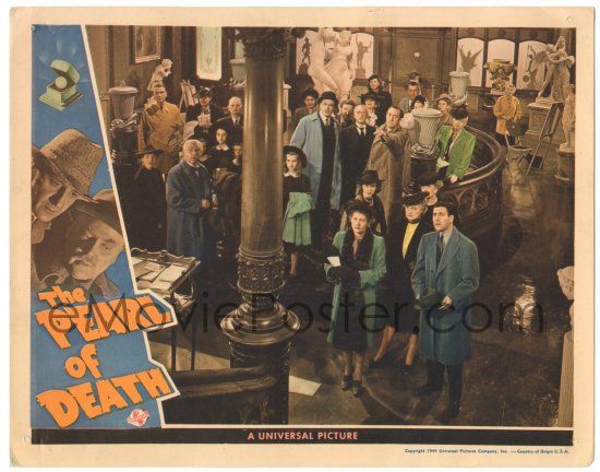 8p747 PEARL OF DEATH LC 44 Basil Rathbone Nigel Bruce Dennis Hoey cast looking up at stairway