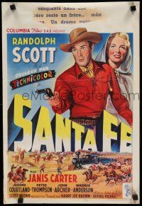 8z587 SANTA FE Belgian '51 art of cowboy Randolph Scott & Janis Carter in New Mexico!