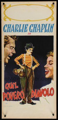 8z156 QUEL POVERO DIAVOLO Italian locandina '50s wacky artwork of Charlie Chaplin!