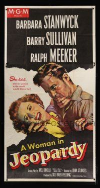 9d679 JEOPARDY 3sh '53 Barbara Stanwyck in Jeopardy, struggling with Ralph Meeker, film noir!