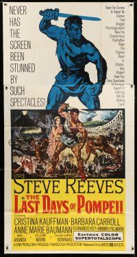 9d701 LAST DAYS OF POMPEII 3sh '60 art of mighty Steve Reeves in the fiery summit of spectacle!