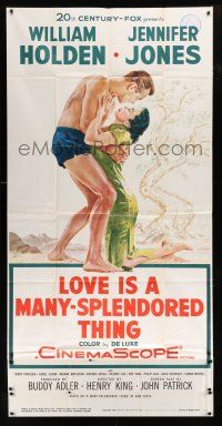 9d723 LOVE IS A MANY-SPLENDORED THING 3sh '55 art of bare-chested William Holden & Jennifer Jones!