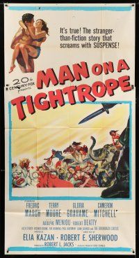 9d737 MAN ON A TIGHTROPE 3sh '53 directed by Elia Kazan, circus performer Terry Moore!