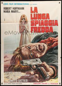 9d341 LONELY VIOLENT BEACH Italian 1p '71 Casaro art of naked Mara Maryl behind sheet & guy w/gun!