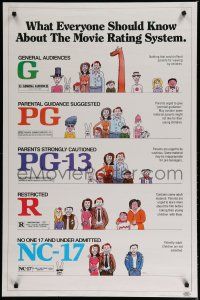 9e424 MOVIE RATING SYSTEM special 26x40 '90 helpful MPAA guide, cool artwork by Clarke!