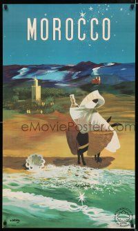 9e090 MOROCCO Moroccan travel poster '52 art of person on donkey at seaside by Delval!