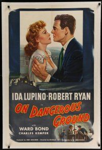 9f242 ON DANGEROUS GROUND linen 1sh '51 Nicholas Ray noir classic, art of Robert Ryan & Ida Lupino!