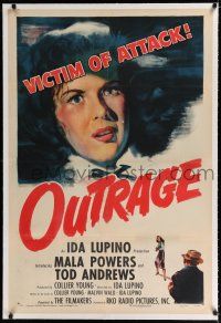 9f249 OUTRAGE linen 1sh '50 Mala Powers is a victim of attack, directed by Ida Lupino!