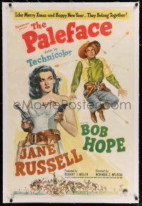 9f253 PALEFACE linen 1sh '48 art of sexy Jane Russell with pistols & Bob Hope being shot at!