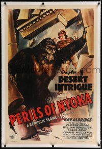 9f258 PERILS OF NYOKA linen chapter 1 1sh '42 Republic serial, art of Kay Aldridge by giant gorilla!