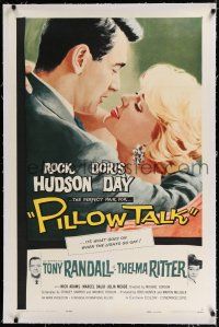 9f259 PILLOW TALK linen 1sh '59 bachelor Rock Hudson loves pretty career girl Doris Day!