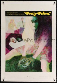 9f264 PRETTY POISON linen teaser 1sh '68 wild different art of Anthony Perkins & Tuesday Weld!