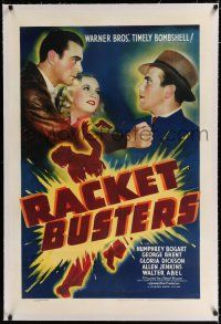 9f271 RACKET BUSTERS linen 1sh '38 mobster Humphrey Bogart blackmails George Brent into joining him!