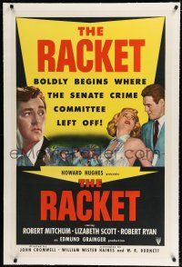 9f270 RACKET linen 1sh '51 Robert Ryan grabs sexy Lizabeth Scott, Robert Mitchum, Howard Hughes