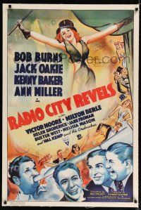 9f272 RADIO CITY REVELS signed linen 1sh '38 by BOTH Ann Miller AND Milton Berle, cool art by Bela!