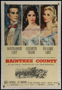 9f275 RAINTREE COUNTY linen 1sh '57 art of Montgomery Clift, Elizabeth Taylor & Eva Marie Saint!