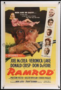 9f276 RAMROD linen 1sh '47 close up of Joel McCrea with gun, sexy Veronica Lake says men are easy!