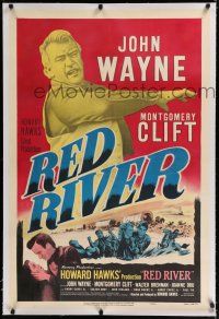 9f278 RED RIVER linen 1sh R52 different image of John Wayne, Montgomery Clift, Howard Hawks