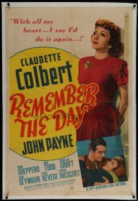 9f279 REMEMBER THE DAY linen 1sh '41 full-length pretty Claudette Colbert & held by John Payne!