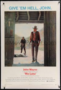 9f280 RIO LOBO linen 1sh '71 Howard Hawks, Give 'em Hell, John Wayne, great cowboy image!