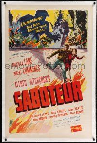 9f287 SABOTEUR linen 1sh R48 Alfred Hitchcock, Bob Cummings & Priscilla Lane run from Nazis!