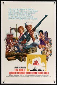 9f289 SAND PEBBLES linen 1sh '67 art of sailor Steve McQueen & Candice Bergen by Howard Terpning!