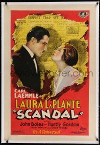 9f291 SCANDAL linen 1sh '29 cool romantic art of Laura LaPlante & John Boles over newspaper!