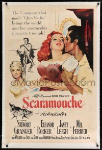 9f292 SCARAMOUCHE linen 1sh '52 art of Stewart Granger, Eleanor Parker, Janet Leigh, Mel Ferrer