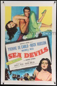 9f297 SEA DEVILS linen 1sh '53 great art of Rock Hudson carrying sexy Yvonne De Carlo!