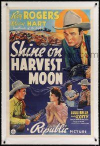 9f304 SHINE ON HARVEST MOON linen 1sh '38 great artwork of Roy Rogers with guns & guitar!