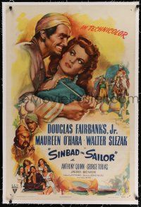 9f306 SINBAD THE SAILOR linen 1sh '46 artwork of Douglas Fairbanks Jr. & sexy Maureen O'Hara!