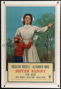 9f308 SISTER KENNY linen style B 1sh '46 different James Montgomery Flagg art of Rosalind Russell!