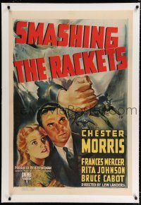 9f311 SMASHING THE RACKETS linen 1sh '38 art of investigator Chester Morris & pretty Rita Johnson!